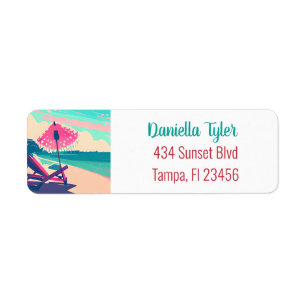 Teal and Coral Sandy Beach Tropical Label