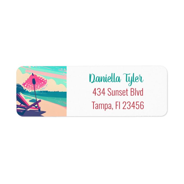 Teal and Coral Sandy Beach | Tropical Label (Front)