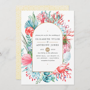 Teal and Coral Sea Life Wedding Invitation