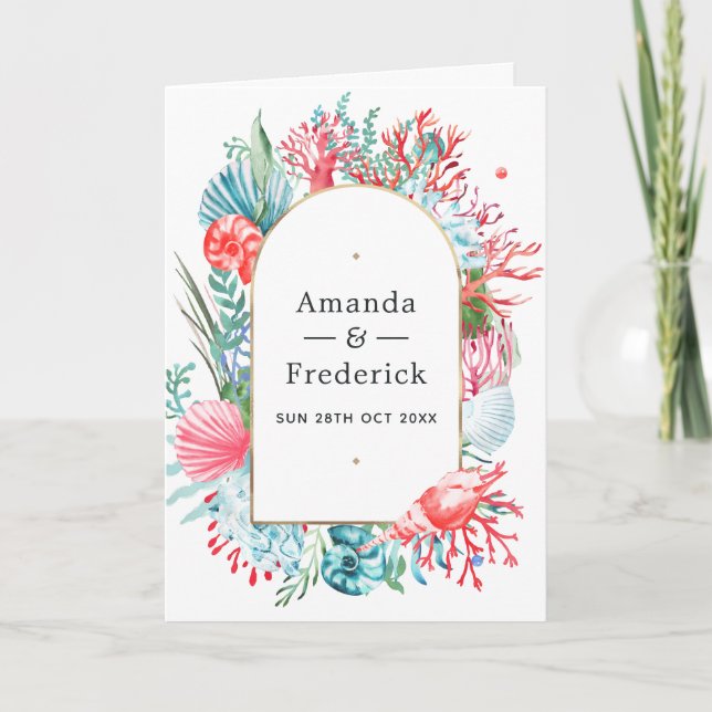 Teal and Coral Sea Life Wedding Program (Front)