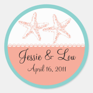 Teal and Coral Starfish Wedding Classic Round Sticker
