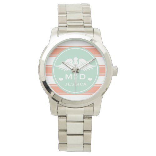 Teal and Coral Stripe Caduceus MD Doctor Watch