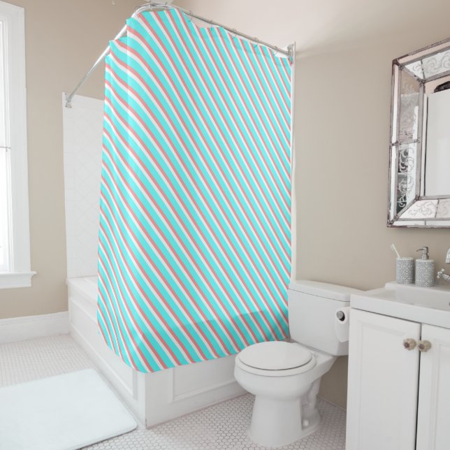 Teal and Coral Stripes Shower Curtain (In Situ)