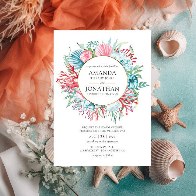 Teal and Coral Summer Beach Wedding Invitation (Creator Uploaded)