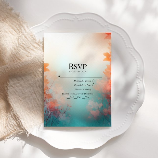 Teal and Coral Sunset Destination Beach Wedding RSVP Card (Teal and Coral Sunset Destination Beach Wedding RSVP Card)