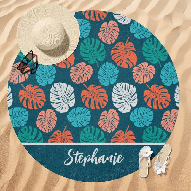 Teal and Coral Tropical Monstera Leaf Custom Name Beach Towel (Creator Uploaded)