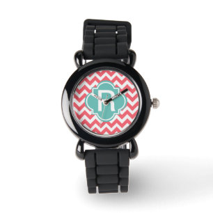 Teal and Coral Zig Zag Wristwatch Customizable