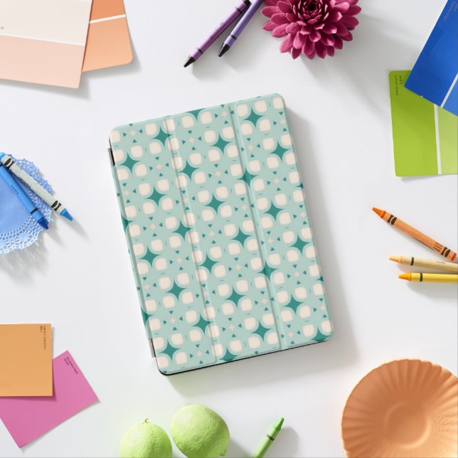 Teal and cream abstract retro tile pattern iPad pro cover (Desk)