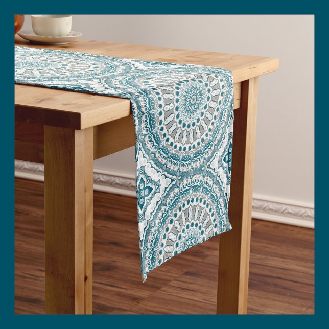 Teal and Cream Geometric Mandala Pattern Medium Table Runner (Creator Uploaded)
