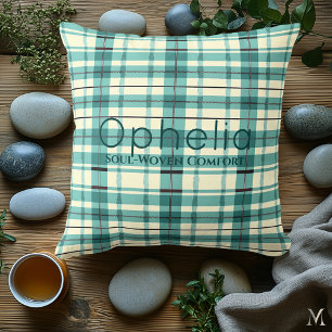 Teal and Cream Plaid Custom Cozy Tartan Accent Throw Pillow