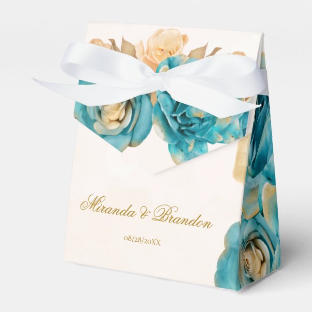 Teal and Creamy Gold Florals Wedding Favor Boxes (Front Side)