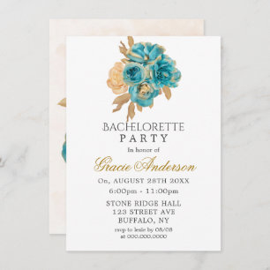 Teal and Creamy Gold Roses Bachelorette Party Inv Invitation