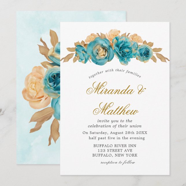 Teal and Creamy Gold Roses Wedding Invitations  (Front/Back)