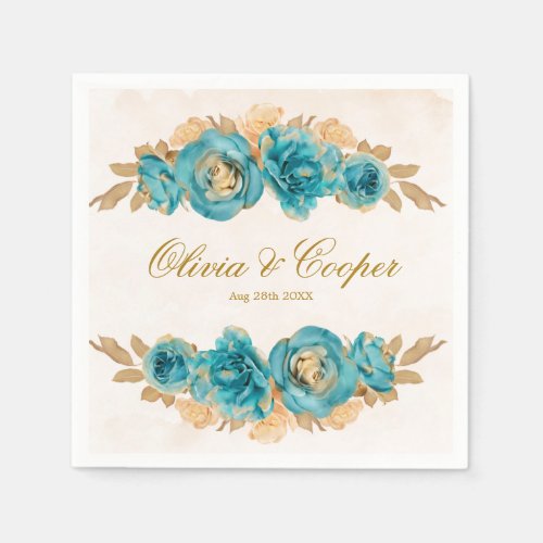 Teal and Creamy Gold Watercolor Florals Wedding Napkins
