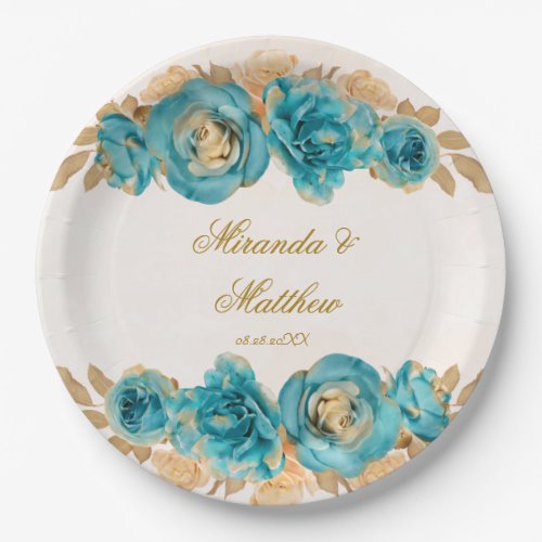 Teal and Creamy Gold Watercolor Florals Wedding  P Paper Plates