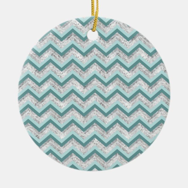 Teal and Crystal Zigzag Pattern Ceramic Ornament (Front)