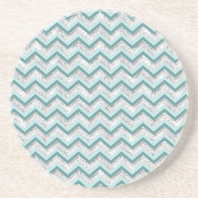 Teal and Crystal Zigzag Pattern Sandstone Coaster (Front)