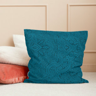 Teal and dark blue paisley throw pillow