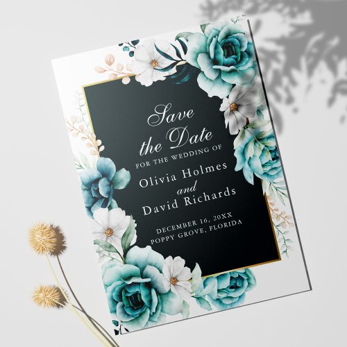 Teal and Dusty Blue Wildflowers Save the Date Card