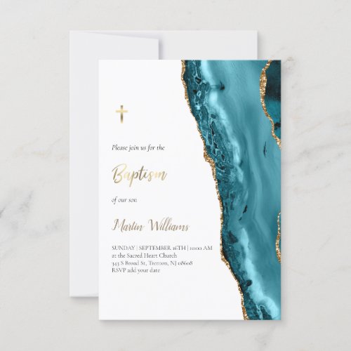 teal and FAUX glitter agate  Baptism Invitation