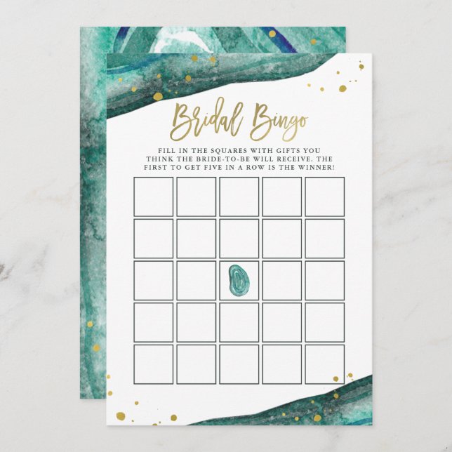 Teal and Faux Gold Geode Bridal Shower Bingo Game Invitation (Front/Back)