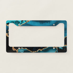 Teal and Faux Gold Glitter Marble Agate License Plate Frame