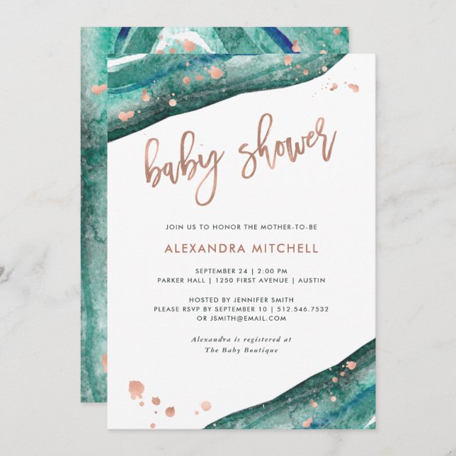 Teal and Faux Rose Gold Geode Baby Shower Invitation (Front/Back)