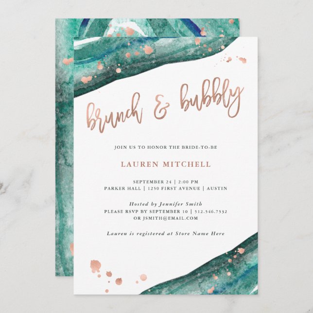 Teal and Faux Rose Gold Geode Brunch and Bubbly Invitation (Front/Back)