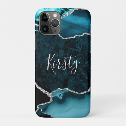 Teal and Faux Silver Glitter Marble Agate iPhone 11 Pro Case