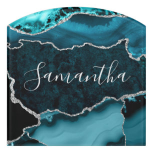 Teal and Faux Silver Glitter Marble Agate Door Sign