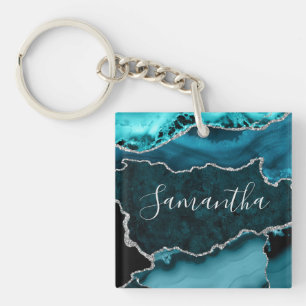 Teal and Faux Silver Glitter Marble Agate Keychain