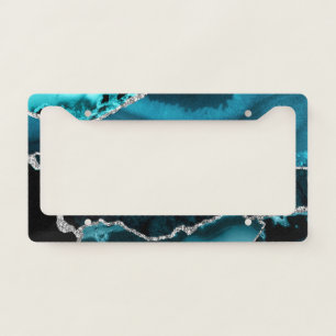 Teal and Faux Silver Glitter Marble Agate License Plate Frame