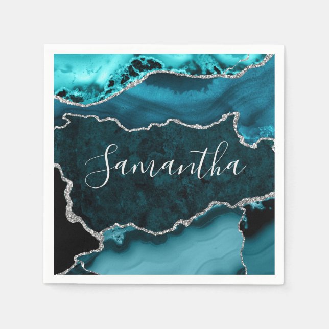 Teal and Faux Silver Glitter Marble Agate Napkins (Front)