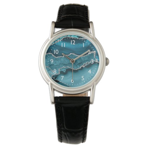 Teal and Faux Silver Glitter Marble Agate Watch