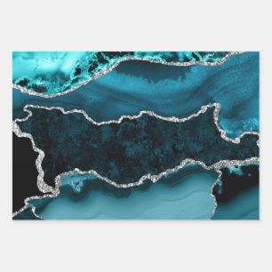 Teal and Faux Silver Glitter Marble Agate Wrapping Paper Sheets