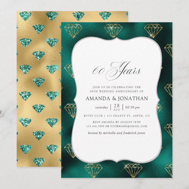 Teal and Gold 60th Wedding Anniversary Invitation (Front/Back)