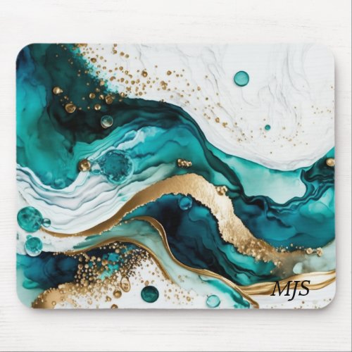 Teal and Gold Abstract Alcohol Ink 5 Mouse Pad