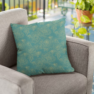 Teal and gold abstract modern floral pattern chic throw pillow