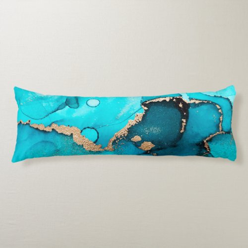 Teal and Gold Abstract Organic Swirls Ink Art Body Pillow