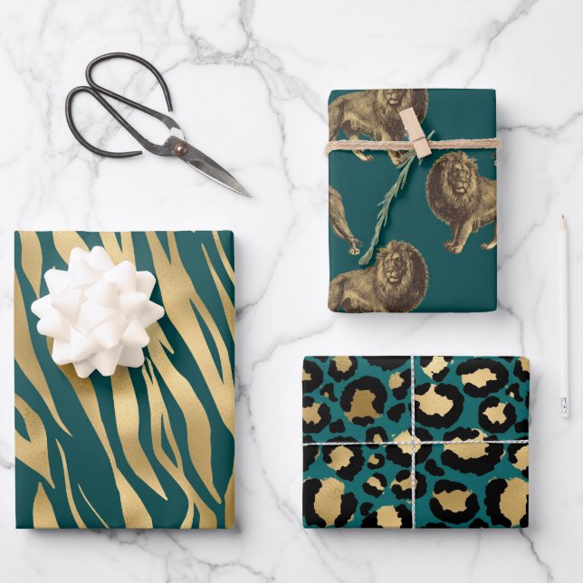 Teal and Gold African Animal Print Wrapping Paper Sheets (Front)