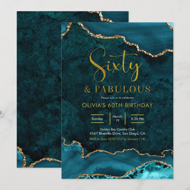 Teal and gold Agate 60th and Fabulous Invitation (Front/Back)