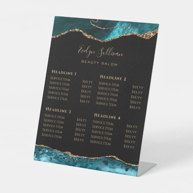 Teal and Gold Agate Beauty Salon Price List Pedestal Sign (Front)