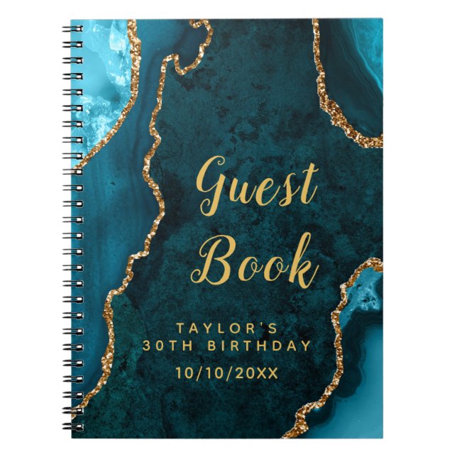 Teal and Gold Agate Birthday Guest Book (Front)
