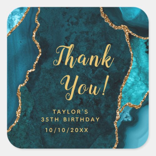 Teal and Gold Agate Birthday Thank You Square Sticker