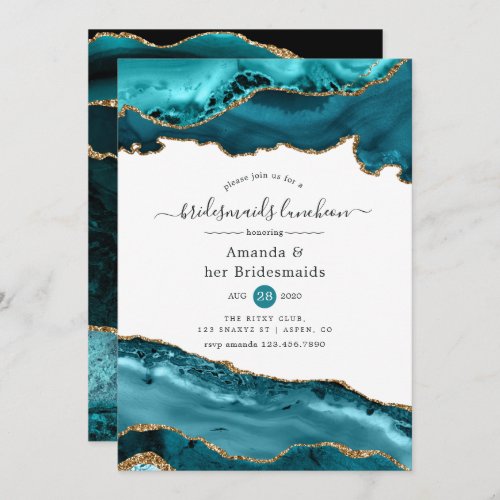 Teal and Gold Agate Bridesmaids Luncheon Invitation