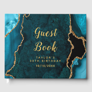 Teal and Gold Agate Marble Birthday Guest Book