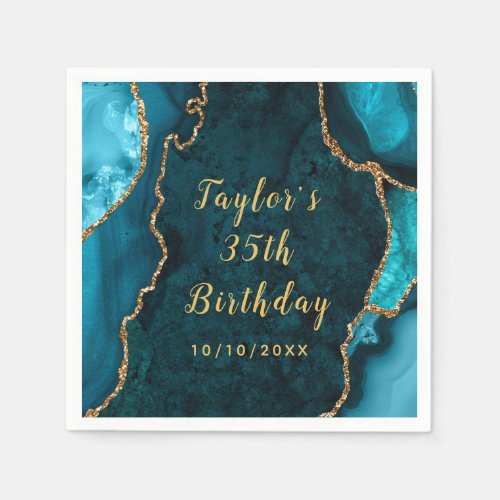Teal and Gold Agate Marble Birthday Napkins