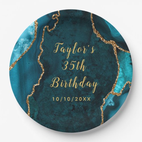 Teal and Gold Agate Marble Birthday Paper Plates