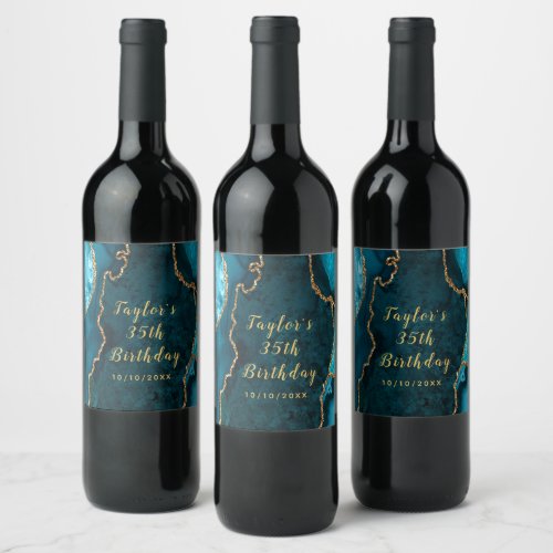 Teal and Gold Agate Marble Birthday Wine Label