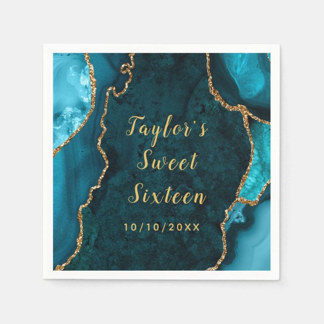 Teal and Gold Agate Marble Sweet Sixteen Napkins (Front)